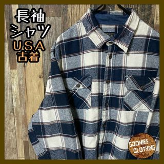 USA古着 マドラスチェック メンズ カジュアル L ネイビー 長袖 シャツ